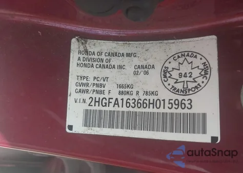 2006 Honda Civic Dx-G из США, поврежденный, VIN 2HGFA16366H015963